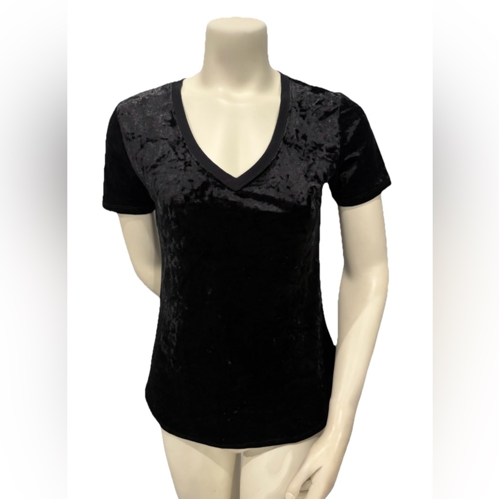 Z SUPPLY Crushed Velvet V-Neck Short Sleeve Top Black XS